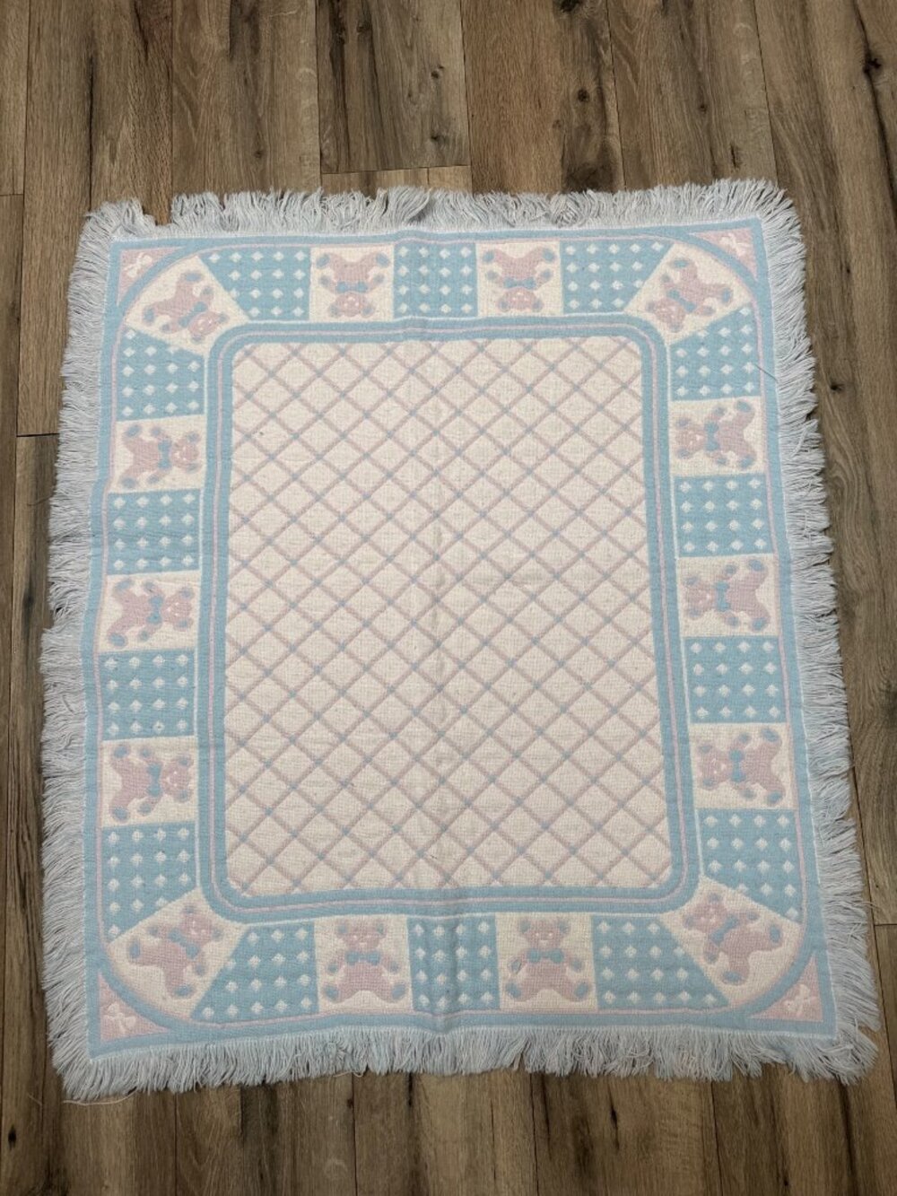 Vintage Pastel Teddy Bear Baby Blanket With Fringe - Reversible Pink & Blue Patt